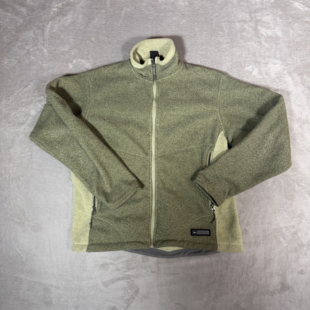 REI Co-op Fleece Jacket Womens Medium Green Full Zip Pockets Outdoor Warm Soft